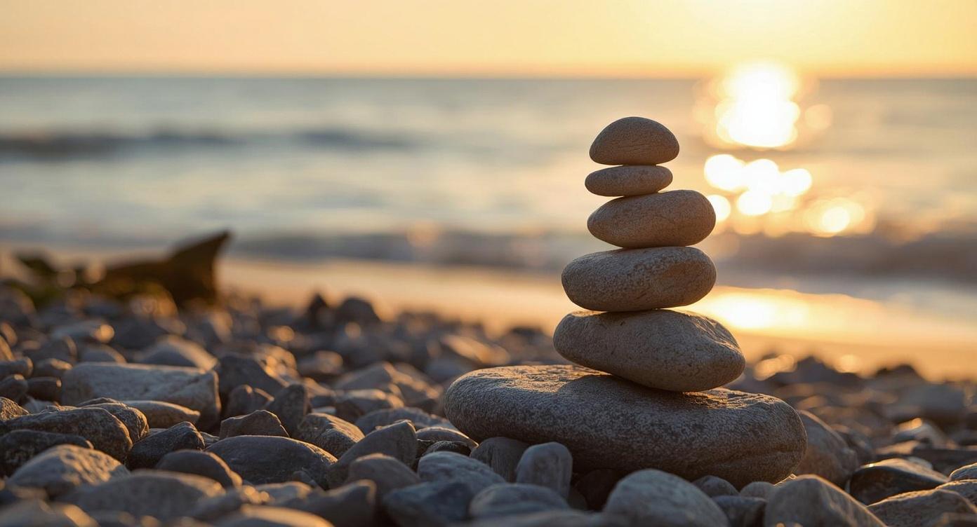 Stacked stones on a beach.